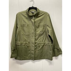 J Jill Lightweight Women's Army Green Jacket Size Medium Ruffles on Waist Sleeve